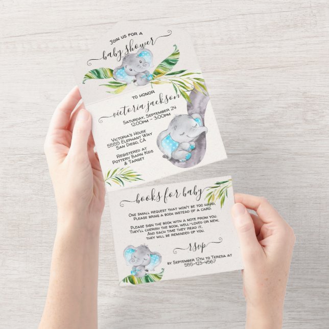 Invitation Tout En Un Baby Boy Jungle Elephant Baby shower (Déchirure)