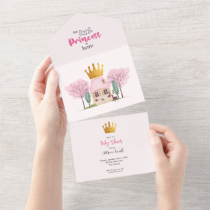 Invitation Tout En Un Baby Girl Rose Fairy Castle Princess Baby shower