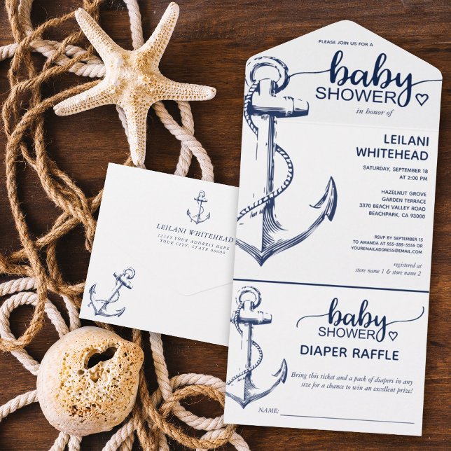 Invitation Tout En Un Baby shower Ancre nautique Déchets (Créateur téléchargé)