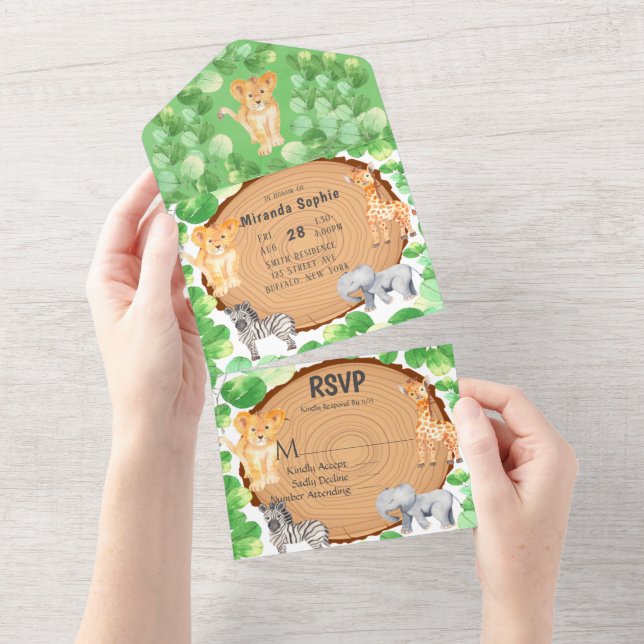 Invitation Tout En Un Baby shower animalier de Woodland Safari (Déchirure)