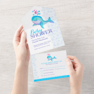 Invitation Tout En Un Baby shower aquarelle baleine bleu aqua