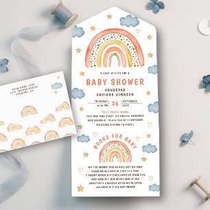 Invitation Tout En Un Baby shower arc-en-ciel Boho à l'aquarelle mignonn