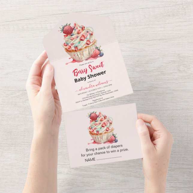 Invitation Tout En Un Baby shower aux fraises | Berry Sweet (Déchirure)