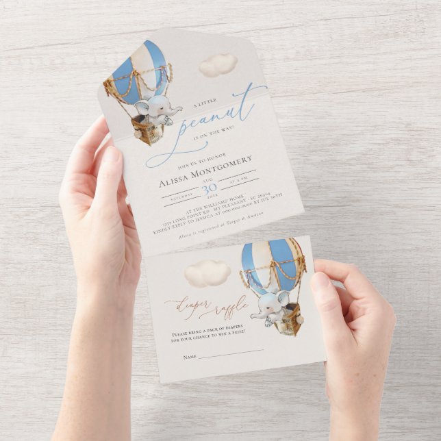 Invitation Tout En Un Baby shower Ballon Eléphant Tout en un (Déchirure)