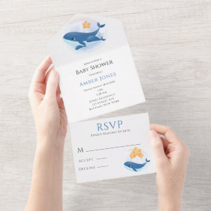 Invitation Tout En Un Baby shower Bleu Blancs Jaune Etoiles