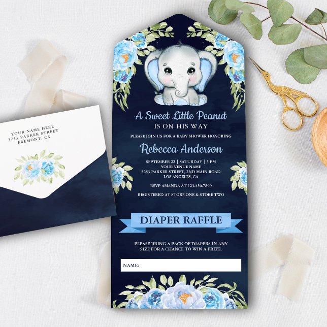 Invitation Tout En Un Baby shower bleu bleu marine Eléphant floral migno (Créateur téléchargé)