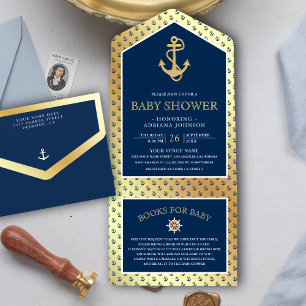 Invitation Tout En Un Baby Shower Bleu Nuit et Or sur le thème Nautique