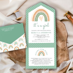 Invitation Tout En Un Baby Shower Bohème Arc-en-Ciel à l'Aquarelle Vert 