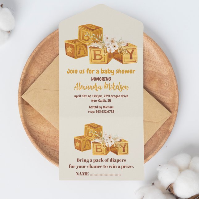 Invitation Tout En Un Baby shower Boho Neutral Wood Block Lettres (Créateur téléchargé)