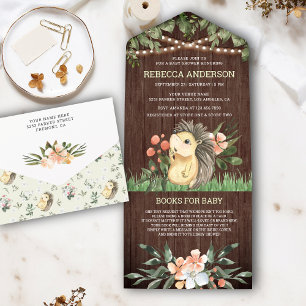 Invitation Tout En Un Baby Shower Bois Rustique Hérisson Mignon