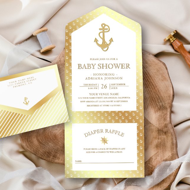 Invitation Tout En Un Baby shower d'Ancre blanc et or nautique (Créateur téléchargé)