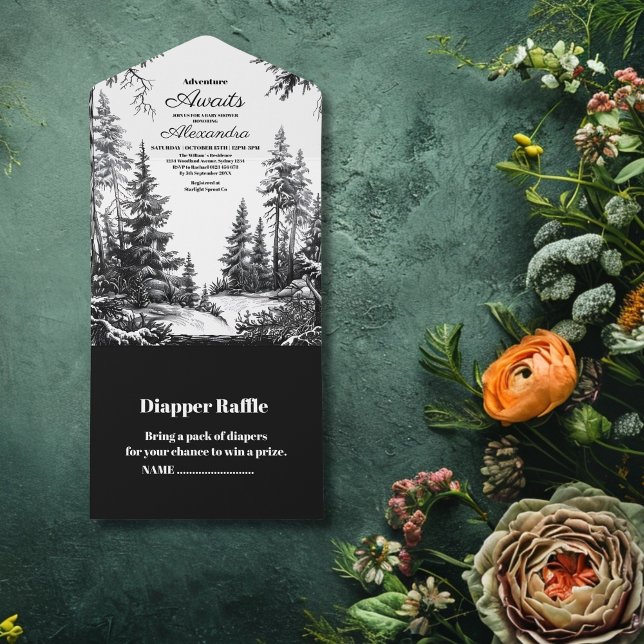 Invitation Tout En Un Baby shower d'aventure Black White Woodland (Créateur téléchargé)