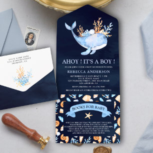 Invitation Tout En Un Baby shower de baleines nautiques bleu marine