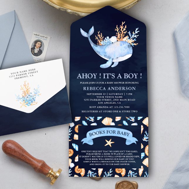 Invitation Tout En Un Baby shower de baleines nautiques bleu marine (Créateur téléchargé)