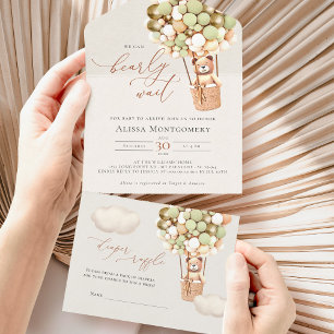 Invitation Tout En Un Baby shower de ballons d'ours d'or vert