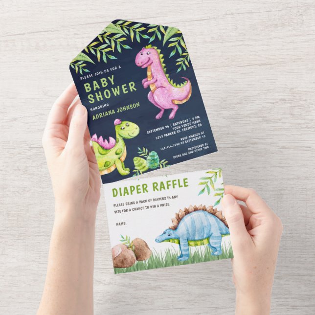 Invitation Tout En Un Baby shower de dinosaures mignons bleu marine (Déchirure)
