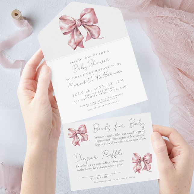 Invitation Tout En Un Baby shower de fille à la cou rose (Pink Bow Watercolor Girly Baby Shower All in One Invitation)