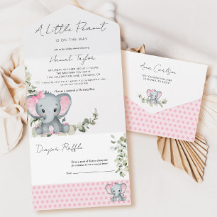 Invitation Tout En Un Baby shower de fille éléphante
