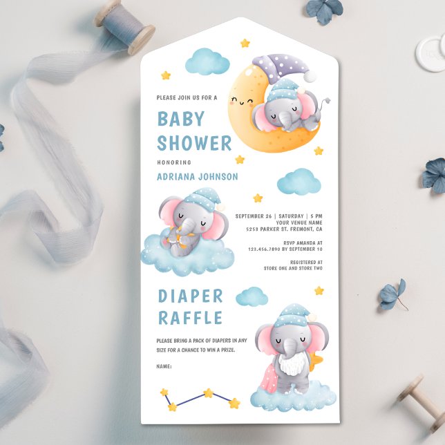 Invitation Tout En Un Baby shower de lune d'éléphant couché mou (Créateur téléchargé)