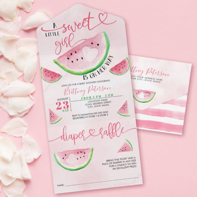 Invitation Tout En Un Baby shower de pastèque Raffin de couche rose (This exquisitely designed invitation captures the essence of summer with its vibrant watercolor.)