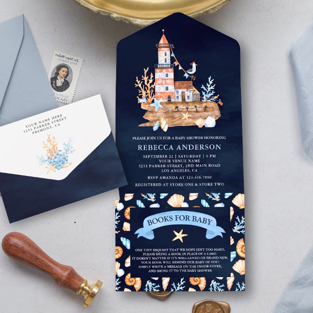 Invitation Tout En Un Baby shower de phare bleu marine russe (Créateur téléchargé)