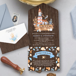 Invitation Tout En Un Baby shower de phare nautique en bois rustique