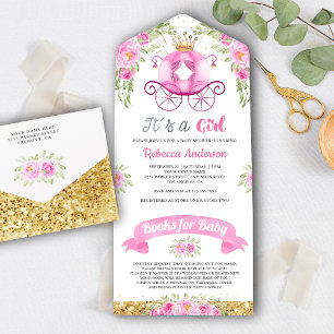 Invitation Tout En Un Baby shower de transport rose Floral mignonne Prin
