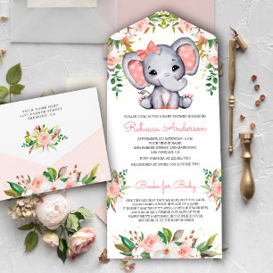 Invitation Tout En Un Baby shower d'éléphant rose pâle rose