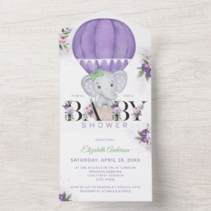 Invitation Tout En Un Baby shower d'éléphant violet à air chaud