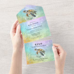 Invitation Tout En Un Baby shower des bulles de couleur de la tortue de 