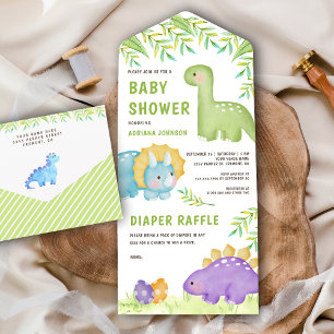 Invitation Tout En Un Baby Shower Dinosaure Mignon Aquarelle Moderne