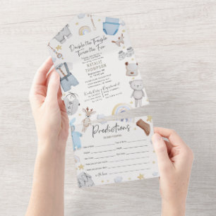 Invitation Tout En Un Baby shower Double Trouble Twin Boys & Predictions