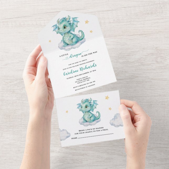 Invitation Tout En Un Baby shower Dragon mou (Déchirure)