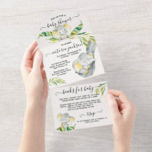 Invitation Tout En Un Baby shower éléphant de la jungle de bébé