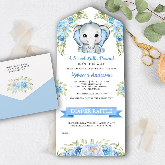 Invitation Tout En Un Baby shower Eléphant Floral Bleu Cute (Créateur téléchargé)