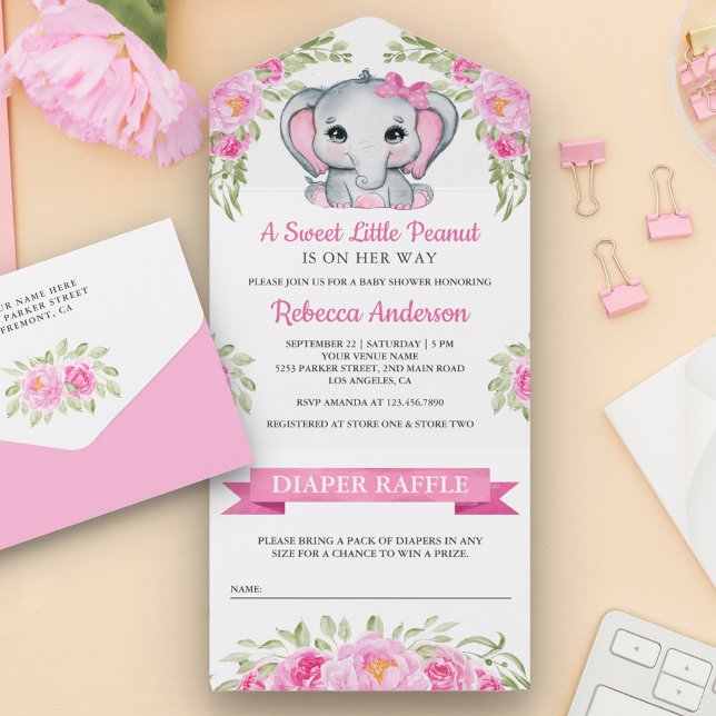 Invitation Tout En Un Baby shower Eléphant Floral Cute Rose Bow (Créateur téléchargé)