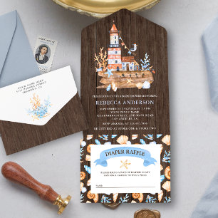 Invitation Tout En Un Baby shower en bois rustique de phare nautique