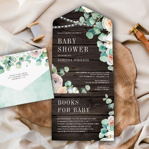 Invitation Tout En Un Baby shower Eucalyptus Rose rustique en bois doux