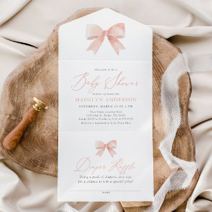 Invitation Tout En Un Baby shower fille Bow Aquarelle rose