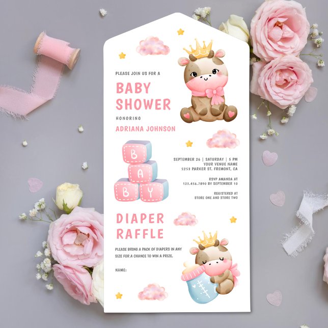 Invitation Tout En Un Baby shower fille de la reine rose mignonne (Créateur téléchargé)