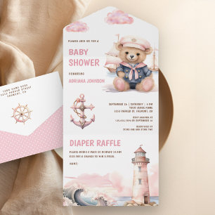 Invitation Tout En Un Baby shower fille Nautique à ours en peluche rose 