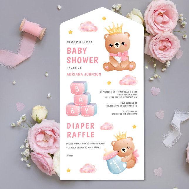 Invitation Tout En Un Baby shower fille ours rose mignonne Reine Teddy (Créateur téléchargé)