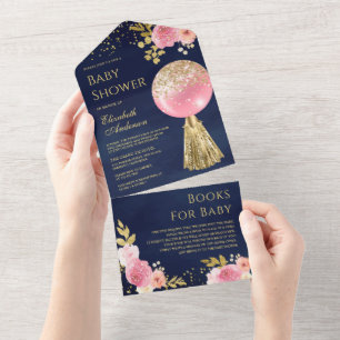 Invitation Tout En Un Baby Shower Fleur Rose Gold Paillettes Ballon Bleu