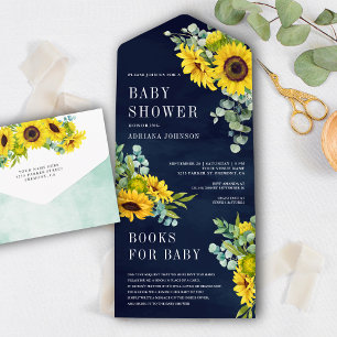 Invitation Tout En Un Baby Shower Fleurs de Tournesol Bleu Marine Feuill