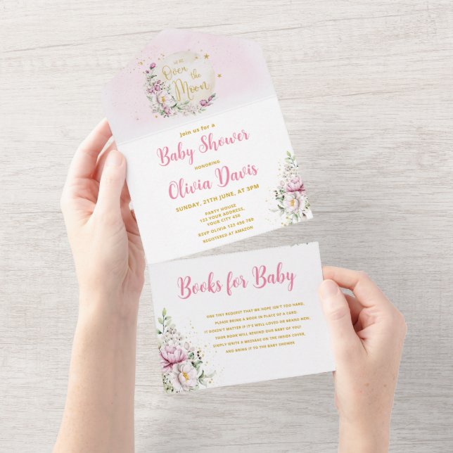 Invitation Tout En Un Baby shower Floral Moon (Déchirure)