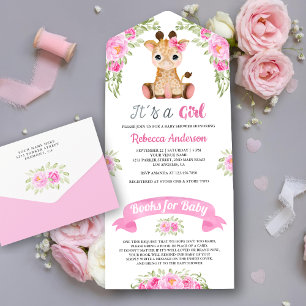 Invitation Tout En Un Baby Shower Girafe Aquarelle Fleur Rose