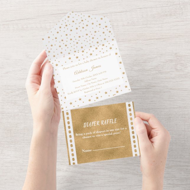 Invitation Tout En Un Baby shower Gold Star personnalisé Blanc (Déchirure)