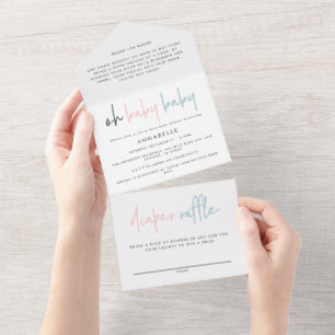 Invitation Tout En Un Baby shower jumeau rose bleu moderne typographie 