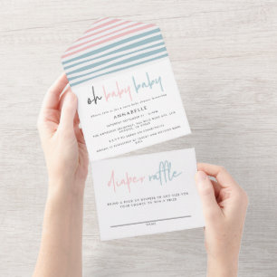 Invitation Tout En Un Baby shower jumeau rose bleu moderne typographie t