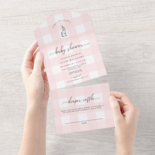 Invitation Tout En Un Baby shower lapin En vichy rose